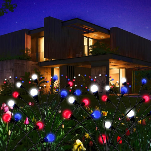 Solar Garden Lights Outdoor, 2 Pack 12 LED Solar Blue Red and White Firefly Lights Waterproof, Sway by Wind, Solar Swaying Light for Yard Patio Ba...