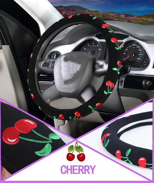 Automotive Cherry Car Accessory Embroidery Cute Women Handmade 15 inch Car Steering Wheel Cover (Green)...