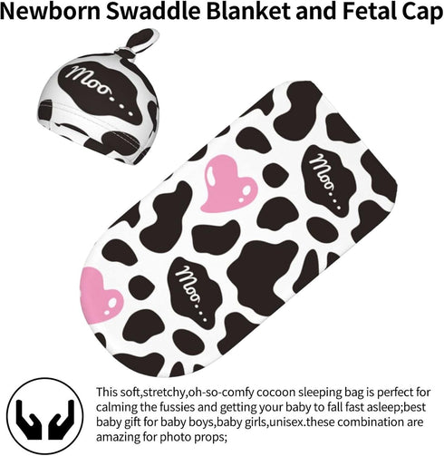 Cow Print Newborn Swaddle Blanket Baby Pink Heart Swaddle Blankets with Beanie Hat Sets Infant Gifts for Boys Girls Soft...