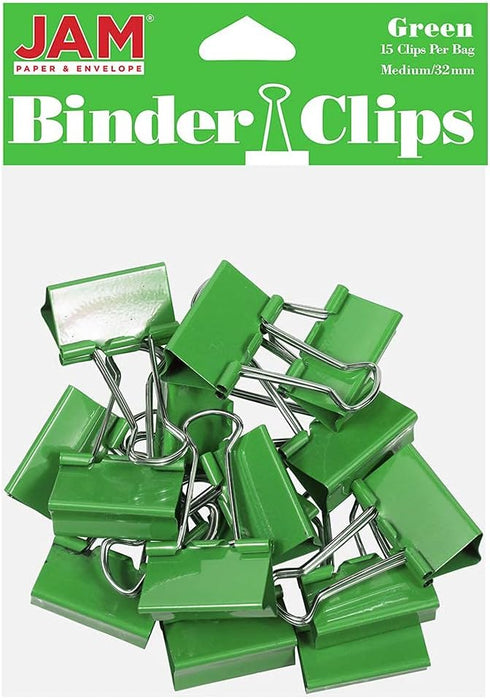 JAM PAPER Colorful Binder Clips - Medium - 1 1/4 Inch (32 mm) - Green Binderclips - 15/Pack...