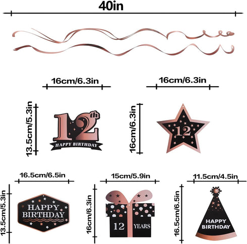 LINGTEER Happy 12th Birthday Decorations - 12Pcs Birthday Black & Rose Gold Swirls Streamer Set,Cheers to Twelve Years Old Bday Party Decorations ...