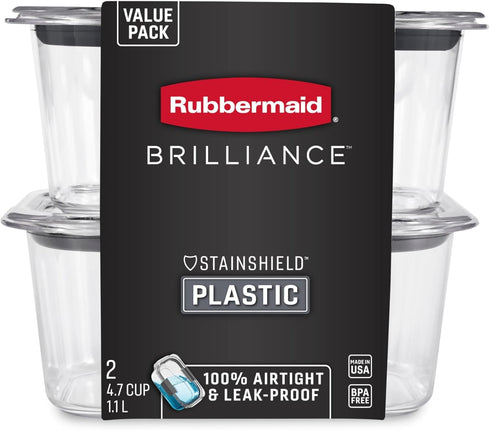 Rubbermaid Brilliance BPA-Free Food Storage Containers, Medium Deep, 4.7 Cup, 2-Pack, Airtight & Leak-Proof, Microwave & Dishwasher Safe...