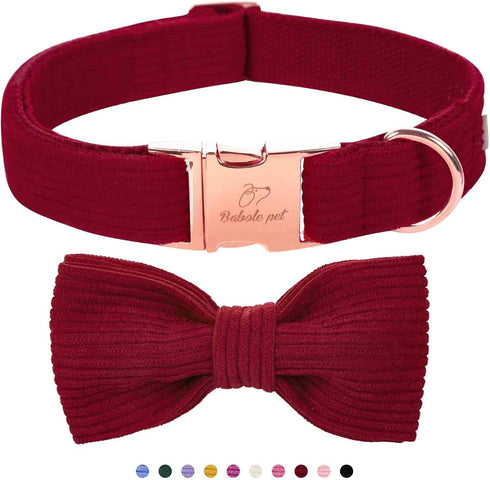 Wine Red Dog Collars for Small Dog,Cute Corduroy Dog Collar with Bow Tie Safety Metal Buckle Adjustable Puppy Collars for Small Medium Large Boy&G...