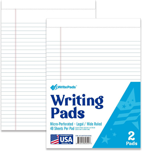 KAISA Legal Pads 8.5x11 Writing Pads Wide Ruled Notepads 8.5"x11.75" White Note Pads 40 Sheets 2 Pads,WT-MWT40W-2PAD?Made in the USA....