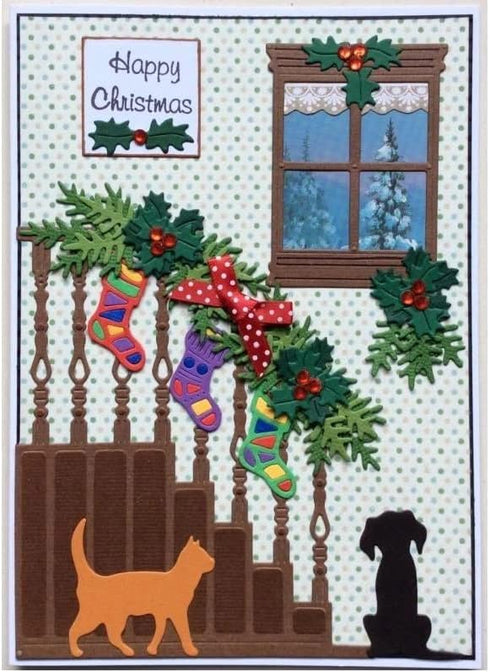 Window Stairs Dog Cat Metal Die Cuts, Window Stairs Dog Cat Cutting Dies Cut Stencils DIY Scrapbooking Cards Decorative Embossing Paper Dies for A...