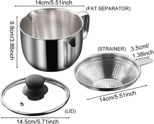 Stainless Steel Fat Separator 4 Cup/1000ML Gravy Grease Separator with Strainer and Glass Lid, Soup Oil Separator Cup for Cooking, Oil Soup Separa...