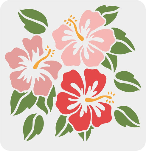 FINGERINSPIRE Hibiscus Flowers Stencil 11.8x11.8 inch Hawaii Flower Stencil Reusable Square Flowers Leaf Plant Washable DIY Stencil Template for P...