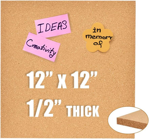 12x12" Cork Board Tiles Bulletin Board, 1/2" Thick Small Square Cork Boards for Walls, Self-Adhesive Cork Tiles for Home, Office, School, Bulletin...