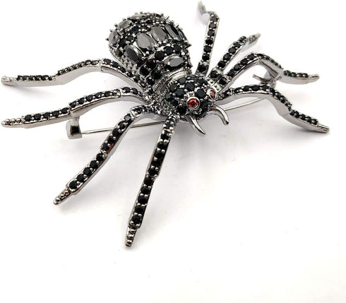 Spooky Season Eight-Legged Full Black Spider Brooch Pin with Red Eyes...