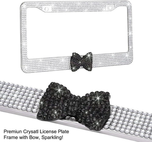 OTOSTAR 1 Pack Bling License Plate Frame with Ribbon Bow, Handcrafted Shiny Rhinestones Premium Stainless Steel 2 Holes License Plate Holder with ...