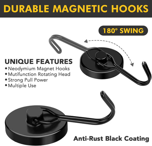 MIKEDE Magnetic Hooks, 110LB Heavy Duty Neodymium Black Magnet Hooks, Strong Swivel Magnetic Hooks Rust Proof for Indoor Outdoor Hangers Hanging, ...