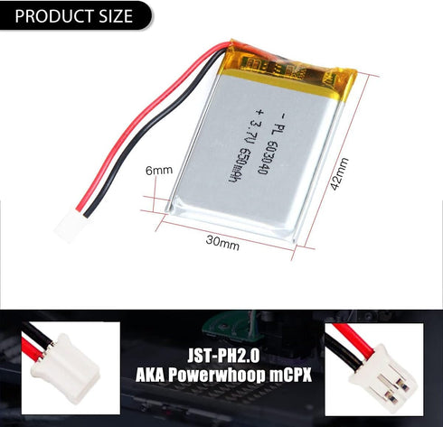 3.7V 650mAh 603040 Lipo battery Rechargeable Lithium Polymer ion Battery Pack with PH2.0mm JST Connector...