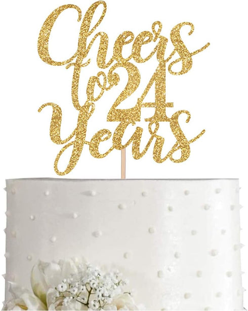 Gold Glitter Cheers to 24 years cake topper, Gold Happy 24th Birthday Cake Topper, Birthday Party Decorations, Supplies...