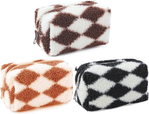 3pcs Checkered Plush Makeup Bag Terry Cloth Cosmetic Bag Zipper Travel Toiletry Bag Organizer Soft Pencil Pouch Case Makeup Brushes Storage Bag fo...