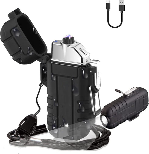 Waterproof Lighter with Flashlight,USB Rechargeable Flameless Lighter with Survival Whistle & Lanyard,Plasma Electric Lighter, Camping Tactical Ge...