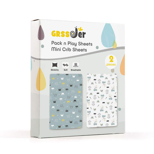 GRSSDER Stretchy Ultra Soft Jersey Knit Fitted Pack n Play Playard Sheets Set 2 Pack?Portable/Mini Crib Sheets, Crown and Cloud for Girls and Boys...