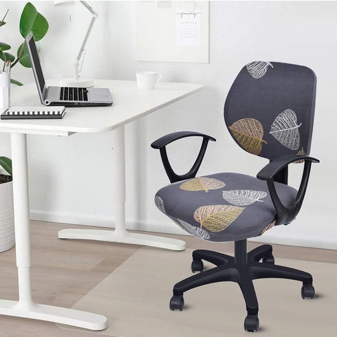Printed Computer Office Chair Covers, Desk Chair Cover, Task Chair Slip Covers (Grey & Leaves)...