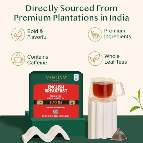 VAHDAM, English Breakfast Black Tea Bags (100 Count) High Caffeine | Strong, Robust & Flavoury | Pyramid Tea Bags | Full Bodied Black Tea Leaves...
