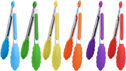 MSY BIGSUNNY Kitchen Food Tongs - 7" Mini Silicone Serving Tongs - Set of 6 (purple red orange green yellow blue)...