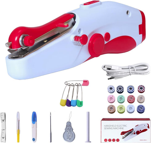 Handheld Sewing Machine: Ideal for Adults - Mini Electric Stitcher, Fast on Fabrics/Clothes - Beginners' DIY, Travel (Red) incl. Stitching Mini El...