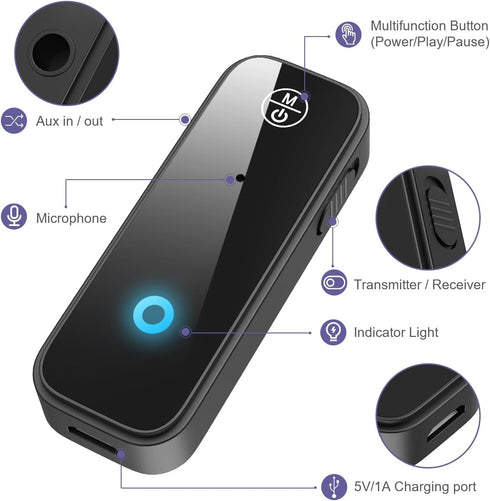 Aux Bluetooth Adapter for Car, 2 in 1 Bluetooth Transmitter Receiver for Hands-Free Call, Noise Cancelling 3.5mm AUX Bluetooth 5.0 Receiver for Ho...