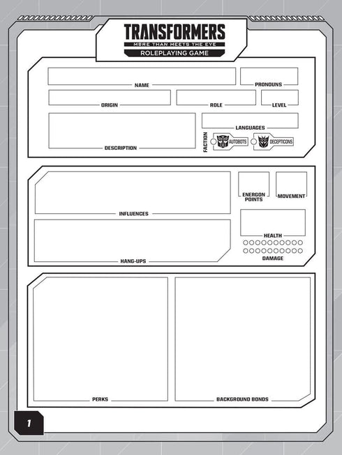 Renegade Game Studios Transformers Roleplaying Game Expanded Character Sheet Journal...