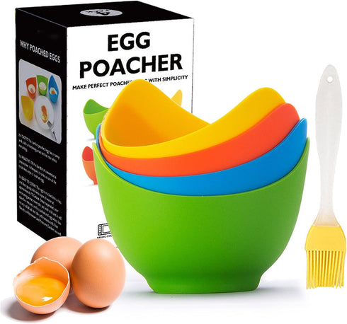 Egg Poacher - KRGMNHR Poached Egg Cooker with Ring Standers, Silicone Egg Poacher Cup for Microwave or Stovetop Egg Poaching, with Extra Oil Brush...