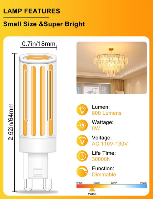 G9 LED Bulb 8W 75W 80W Halogen Equivalent, Dimmable 800LM 2700K Soft Warm White T4 G9 Bi Pin Base Light Bulbs for Chandelier Pendant Wall Ceiling ...