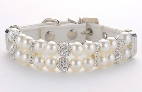 KUDES Dog Cat Pearl Collars with Crystal Rhinestone Diamond Décor, Adjustable Cute Fashion Pet PU Leather Collars Necklace for Small Dog Pets Wedd...
