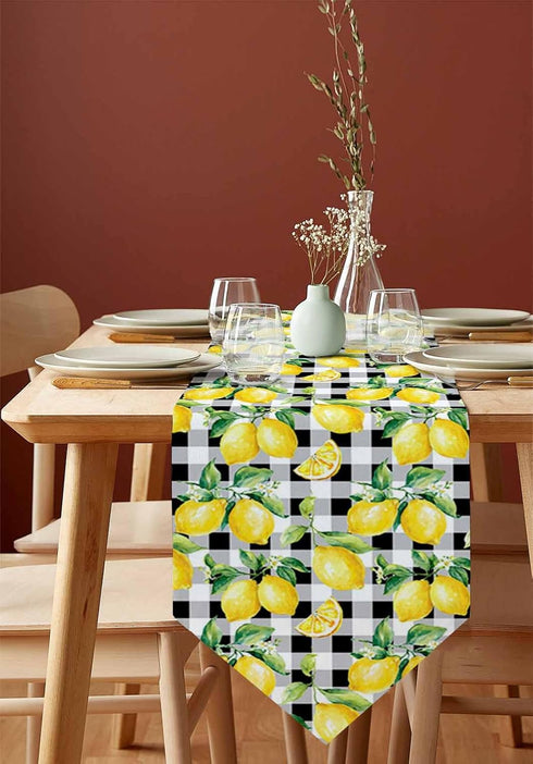 Linen Burlap Table Runner Spring Farmhouse Dresser Scarves, Yellow Lemon on Buffalo Plaid Table Runners for Family Dinner/Holiday Party/Events/Kit...