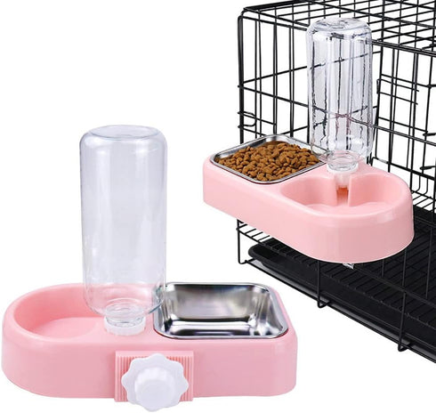 Crate Dog Cat Bowls, Dog Water and Food Bowl Set with Detachable Stainless Steel Bowl and Automatic Water Dispenser Bottle, Hanging Pet Cage Kenne...