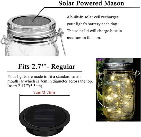 6 Pack Mason Jar Lights, 20 LED Solar Cold White Fairy String Lights Lids Insert for Garden Deck Patio Party Wedding Christmas Decorative Lighting...