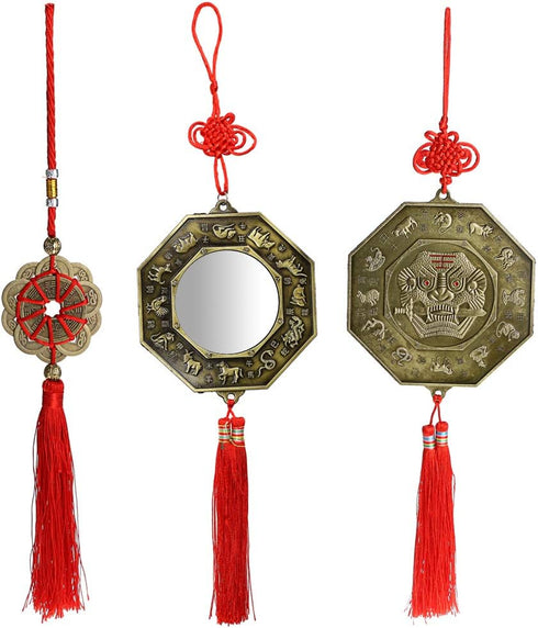 MDLUU 3 Pcs Bagua Mirror Feng Shui Ornaments, Guardian Lion Biting A Sword, Ancient Coins with Chinese Knot Tassel, Lucky Charm for Gifts, Home Pr...