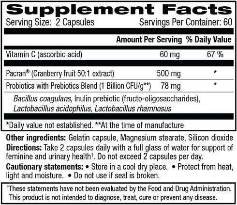 vH essentials Probiotics with Prebiotics and Cranberry Feminine Health Supplement - 120 Capsules (544-36)...