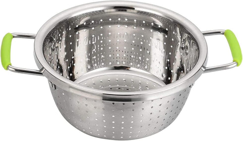 Stainless Steel Deep Colander Micro-perforated 2.5 Quart Metal Food Strainer with Green Silicone Handles for Draining Pasta Cleaning Food like Fru...