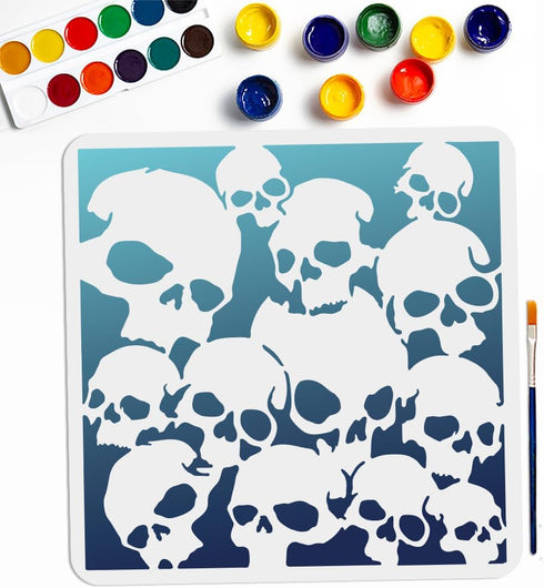 Skull Pattern Stencils 11.8×11.8inch Large Scary Skull Template with Paint Brush Halloween Theme Skeleton Drawing Stencil for DIY Projects Crafts ...