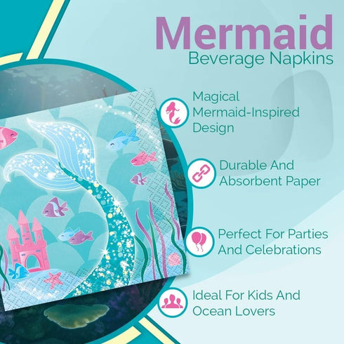 Mermaid Design Beverage Napkins (Pack of 16) - Enchanting Designs Perfect for Under-the-Sea Themed Parties & Celebrations...