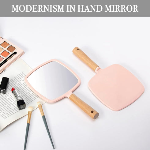 YEAKE Hand Held Mirror with Handle for Makeup,Small Cute Wood Hand Mirror for Shaving with Hole Hanging Single-Sided Portable Travel Vanity Mirror...