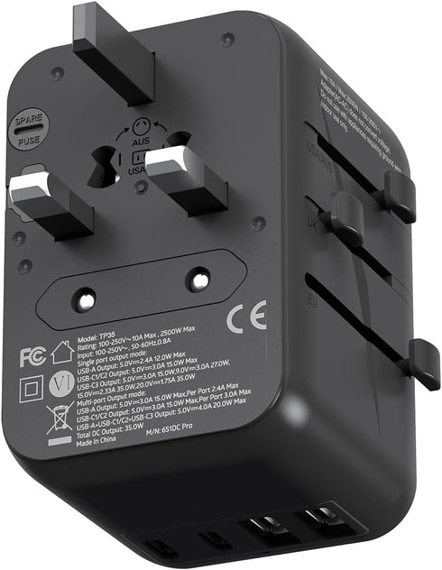 MINIX 35W Universal Travel Adapter 6 in 1 European Travel International Power Plug Adapter Max 3 USB C 2 USB A Ports All-in-One Worldwide Wall Cha...