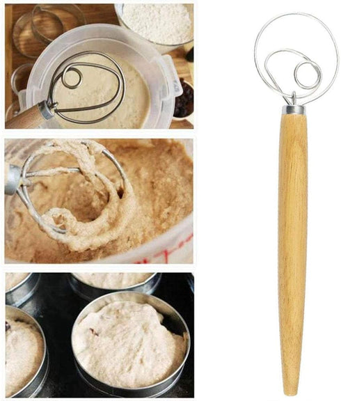 Danish Dough Whisk - 13" Dutch Whisk with Stainless Steel Ring - Danish Whisk for Bread, Pastry or Pizza Dough - Baking Tool Alternative to a Blen...