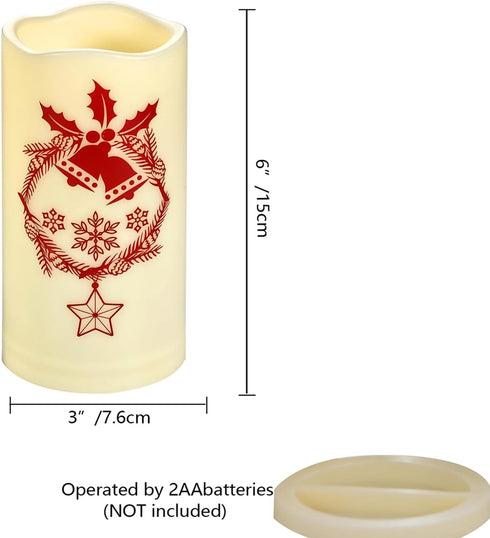 Christmas Theme Outdoor LED Flameless Candle Battery Operated with Timer Flickering LED Pillar Candle Bell Pattern Winter Festival Party Decoratio...
