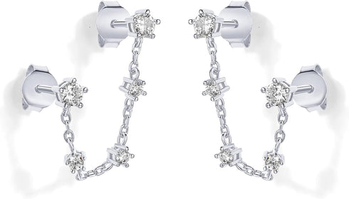 PAVOI 14K Gold Plated Delicate CZ Chain Earrings for Women | Double Piercing Dangle Chain Studs Earrings | Cubic Zirconia Earscapes Earrings...