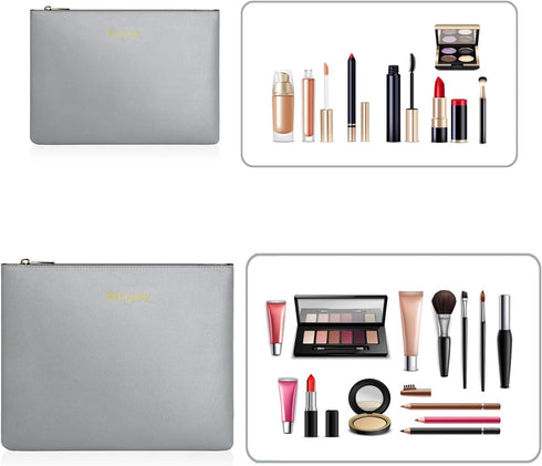 2 Pack Makeup Bag for Purse, Vegan Leather, Travel Makeup Pouch Cosmetic Bag Zipper Pouch Bags,Travel Toiletry Bags for Women (A Silver, 9x7 inch)...