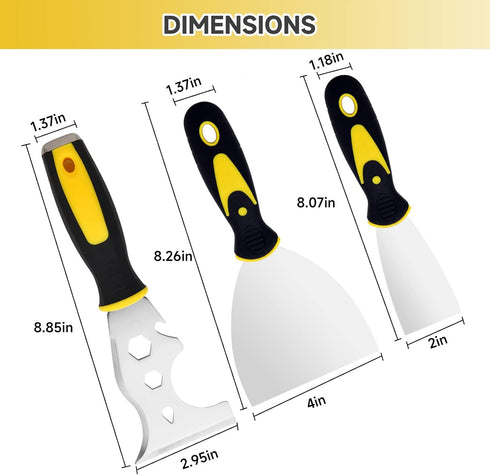 3Pcs Putty Knife, 2" 4" Spackle Knife Set Stainless Steel 15-in-1 Painters Scraper Wallpaper Scraper Tool for Repairing Drywall, Removing Wallpape...