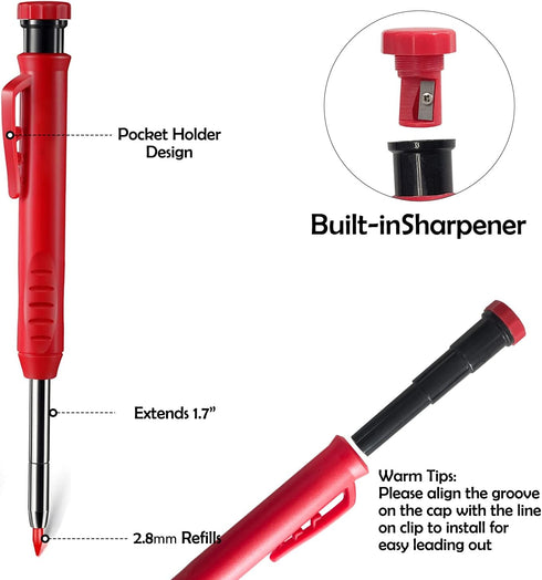 Sutekus Carpenter Pencil Set 3 Pieces Deep Hole Pencil with Built in Sharpener and 18 Pcs Refills Scriber Marking Tools for Woodworking Constructi...