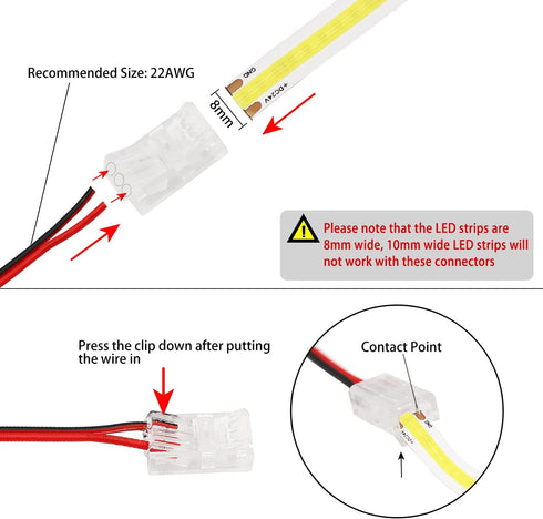 PAUTIX 8pcs 2-Pin 8mm COB LED Strip to Wire Connector Unwired Clips Solderless Adapter Terminal Extension Connection,4pcs L-Shaped Connectors for ...