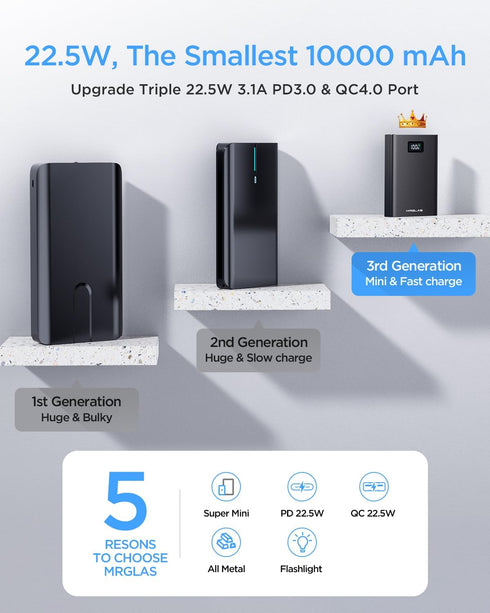 MRGLAS Portable Charger PD 22.5W The Smallest Metal 10000mAh Power Bank USB C Mini Portable Charger Fast Charge Portable Battery Charger Tri-Outpu...