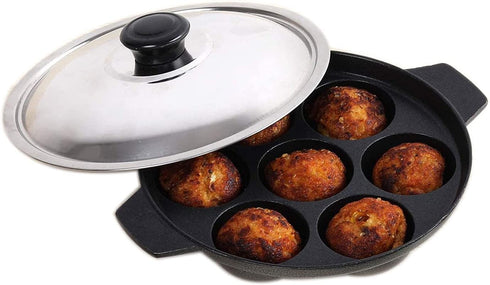 SHRIYA Appam Patra Paniyaram Non-Stick Pan 7 Cavities Non-Stick Appam Patra Appam Chetty Paniyaram Pan Patra with Stainless Steel Lid...
