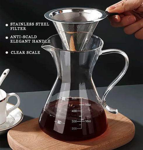 Pour Over Coffee Maker - Elegant Drip Coffee Maker with Reusable Stainless Steel Filter/Dripper, Lead-Free Borosilicate Glass Coffee Carafe for 1-...
