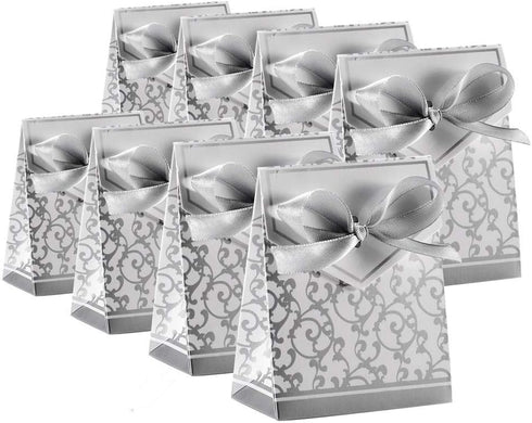 KUPOO 50PCS Candy Boxes,Silver Ribbon Wedding Favor Boxes Candy Bag Cake Box for Wedding Party Decoration Easter (silver)...